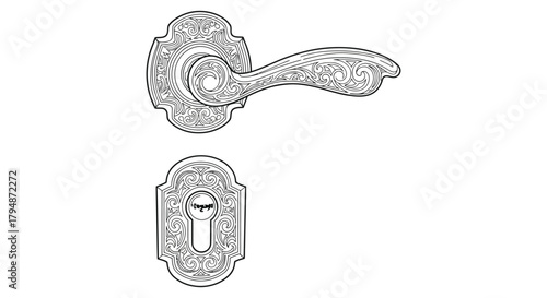 Illustration of ornate door handle and escutcheon on white background