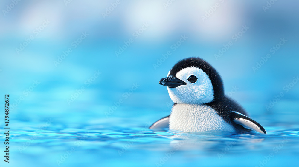 Fototapeta premium Cute baby penguin swimming in clear blue water, showcasing its fluffy feathers and playful demeanor. serene environment adds to charm