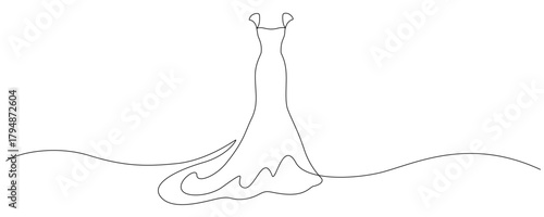 Wedding dress in one continuous line drawing. Fashion clothes symbol for bridal shop and invitation design. Vector illustration eps 10