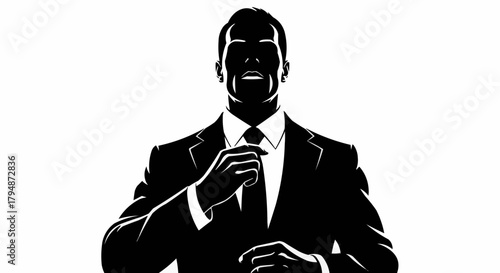 Silhouette of a Man in Suit Adjusting Tie.