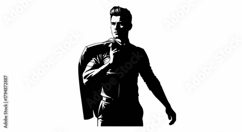 Stylish confident man silhouette with jacket draped over shoulder.