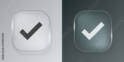 Liquid glass check mark vector frame in glassmorphism style. Rectangular glass complete task vector illustration on isolated background. Transparent mirror frame sign business concept.