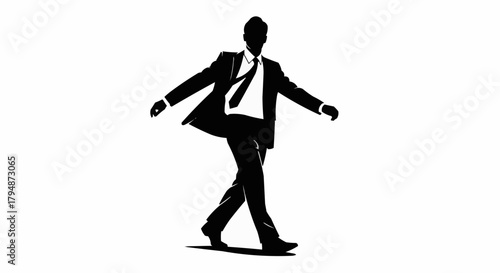 Black silhouette of a businessman carefully balancing while walking.