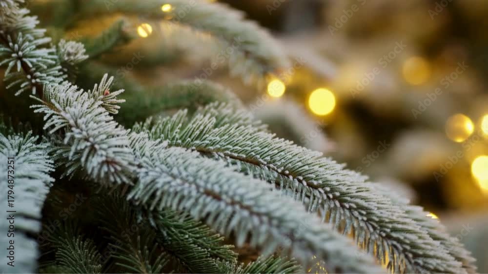 Frosted Pine Branches Slow Motion Close-Up with Warm Golden Christmas Bokeh Lights