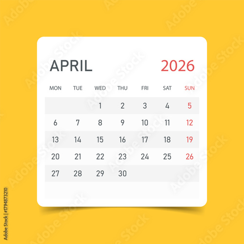 Calendar april 2026 icon in flat style. Planner sticker vector illustration on yellow isolated background. Calender sign business concept.