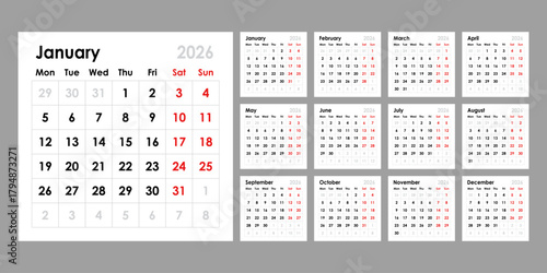 Calendar 2026 year icon in flat style. Planner vector illustration on isolated background. Calender sign business concept.