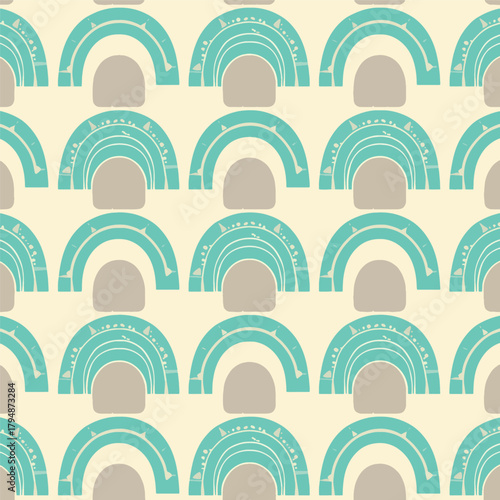 Minimal Boho Rainbow Seamless Pattern with Aqua Turquoise and Taupe Grey Tones, Modern Decorative Geometric Vector Background for Wallpaper, Textile, and Scandinavian Bohemian Design