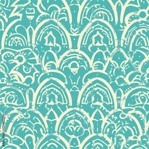 Minimal Boho Rainbow Seamless Pattern with Aqua Turquoise and Taupe Grey Tones, Modern Decorative Geometric Vector Background for Wallpaper, Textile, and Scandinavian Bohemian Design