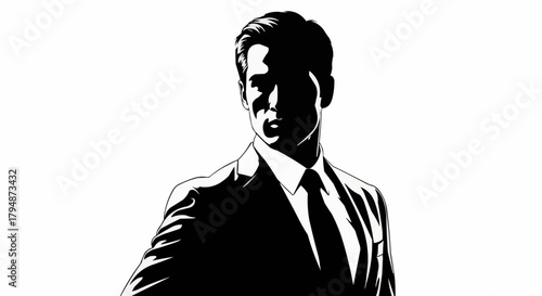 Confident Businessman in Suit Looking Over Shoulder Black and White Illustration.