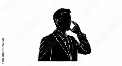 Silhouette of a businessman in a suit talking on a cell phone.