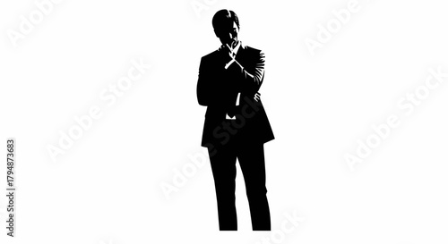 Silhouette of a man in a suit thoughtfully contemplating a decision.