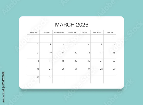 March 2026 calendar in flat style. Planner sticker vector illustration on isolated background. Calender sign business concept.