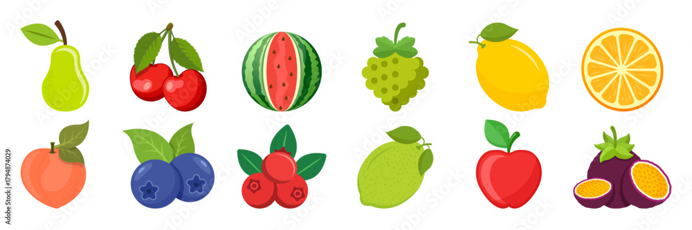 Obraz premium Natural tropical fruits icon set collection in flat style. Tropical plant vector illustration on isolated background. Healthy food sign business concept.