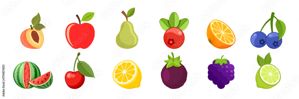 Fototapeta premium Natural tropical fruits icon set collection in flat style. Tropical plant vector illustration on isolated background. Healthy food sign business concept.