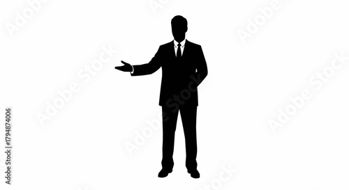 Silhouette of a businessman in a suit making a presentation gesture.