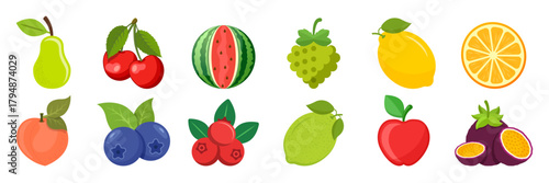 Natural tropical fruits icon set collection in flat style. Tropical plant vector illustration on isolated background. Healthy food sign business concept.