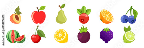 Natural tropical fruits icon set collection in flat style. Tropical plant vector illustration on isolated background. Healthy food sign business concept.