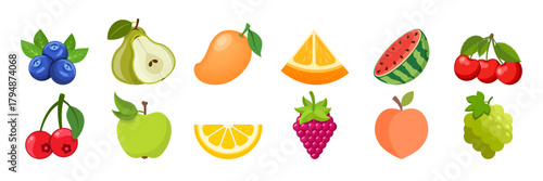 Natural tropical fruits icon set collection in flat style. Tropical plant vector illustration on isolated background. Healthy food sign business concept.