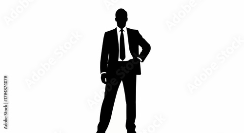Silhouette of a confident businessman standing with hand on hip.