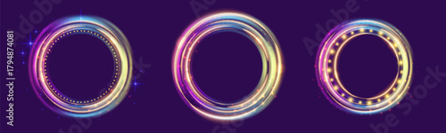 Vivid holographic effects shimmer and swirl in a mysterious dark space. Three glowing portals float, presenting an imaginative tech scene that invites exploration and wonder.