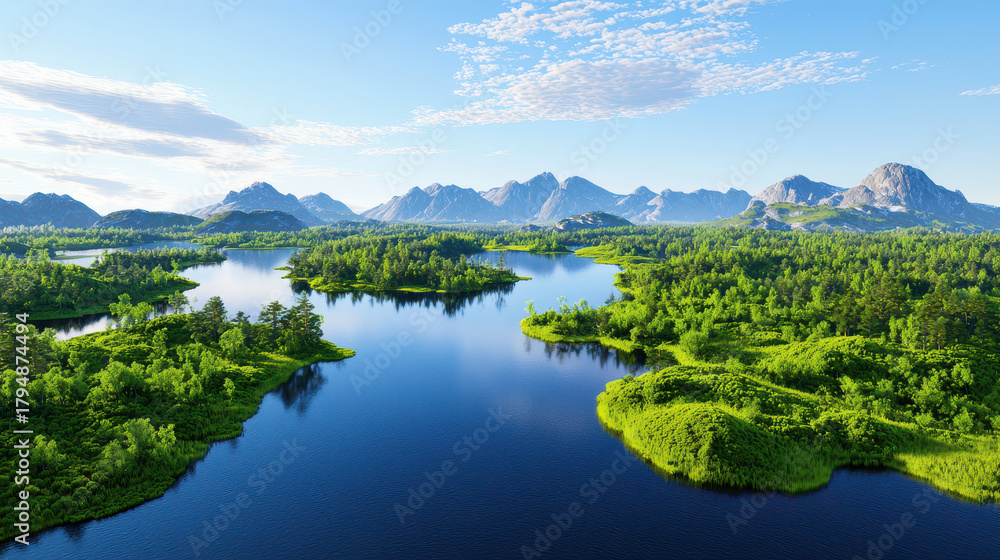 Naklejka premium Serene landscape featuring tranquil lake surrounded by lush greenery and majestic mountains clear blue sky. vibrant colors evoke sense of peace