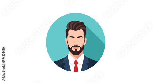 A professional man in a suit with a beard and tie looks forward.