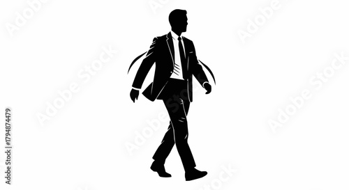 Silhouette of a confident businessman walking forward with purpose.