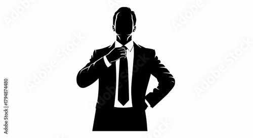 Professional man silhouette adjusting tie in elegant suit.