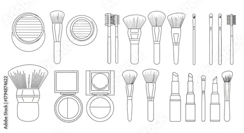 Outline illustration of various makeup products and beauty accessories