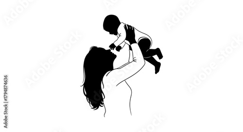 Silhouette of mother holding her baby up in the air on white background