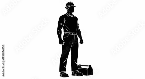 Professional tradesperson silhouette standing confidently with essential toolbox.
