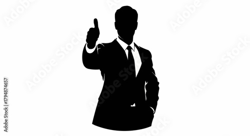 Silhouette of a businessman pointing upwards with his index finger.