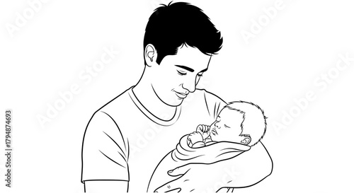 Line art of a father holding his newborn baby wrapped in a blanket