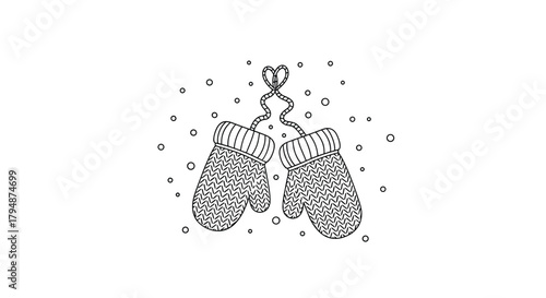 Cozy winter mittens with a heart shaped ribbon and falling snowflakes.