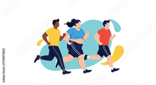 Diverse group of people running together outdoors for fitness and health.