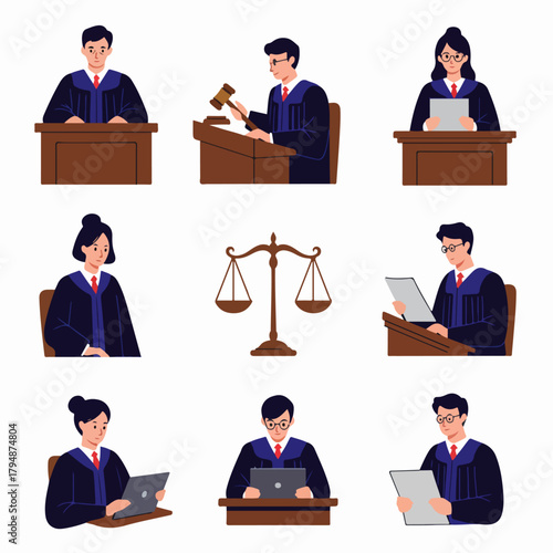 Diverse Judges and Justice Symbols Illustration Set. Flat design vectors showing legal professionals, court officials, and scales of law.
