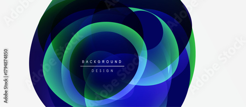 Abstract design features overlapping colorful circles. Gradient shades blend blues, greens, creating dynamic visual effect. Text reads background design.