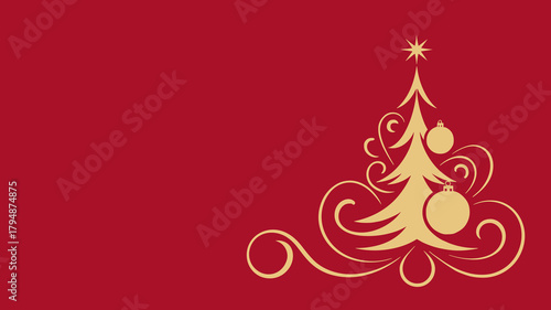 Stylized gold Christmas tree with ornaments on red background for holiday design