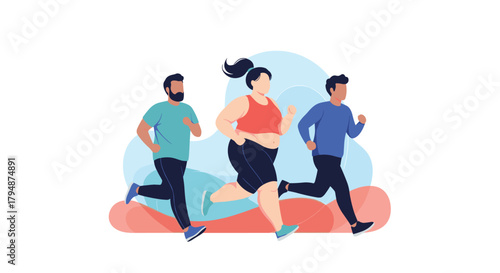 A diverse group of people running together outdoors in a park for exercise and health.