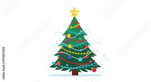 A beautifully decorated evergreen christmas tree with colorful ornaments and twinkling lights in a festive winter scene.