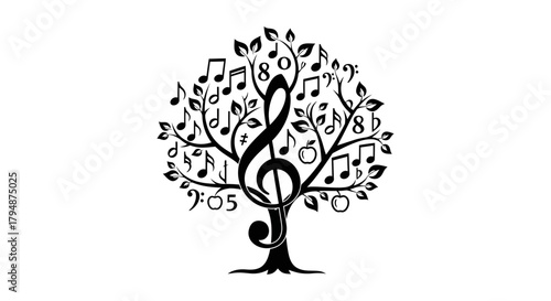 A black and white illustration of a music tree with musical symbols
