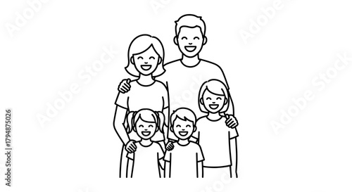 Illustration of a happy family with two parents and three children