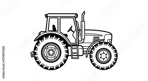 Illustration of a tractor with large tires in black and white line art