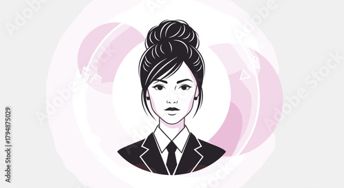 A sophisticated illustration of a woman in a suit with her hair styled in a bun and a thoughtful expression.