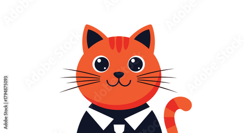 A friendly ginger cat wearing a dark suit and tie. This adorable feline has bright big eyes and a warm smile.