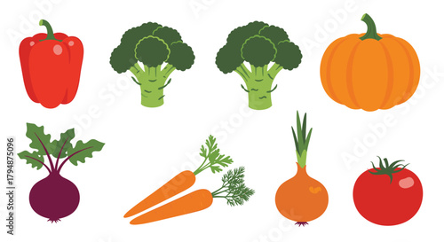 A vibrant collection of fresh vegetables including bell peppers broccoli carrots pumpkin beetroot onion and tomato on a white background.