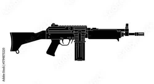 A black silhouette of a machine gun on a white background image