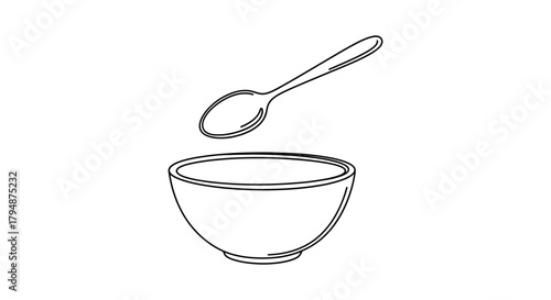 Outline drawing of a bowl with a spoon floating above it on white