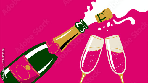 Pink champagne bottle popping with flutes clinking on pink background