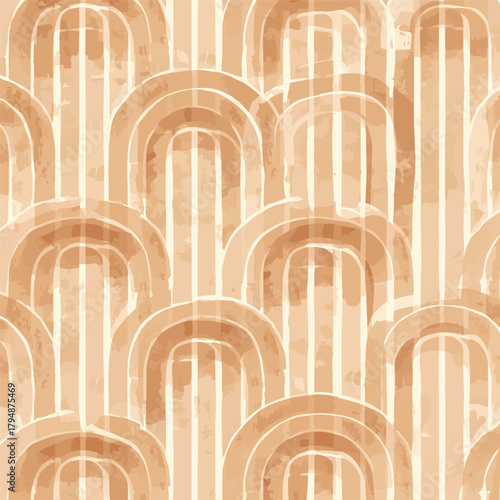 Neutral Boho Rainbow Seamless Pattern with Warm Terracotta, Peach, and Beige Tones, Minimal Earthy Decorative Geometric Vector Background for Modern Wallpaper, Textile, and Bohemian Interior Design